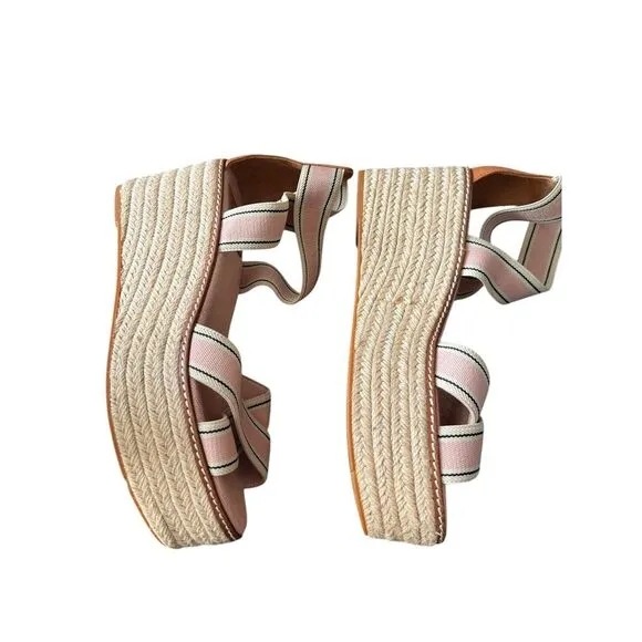 Tory Burch Frieda US SZ 9.5 Stripe Pink Platform Espadrille Wedge Sandals‎