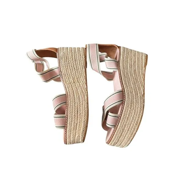 Tory Burch Frieda US SZ 9.5 Stripe Pink Platform Espadrille Wedge Sandals‎