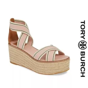 Tory Burch Frieda US SZ 9.5 Stripe Pink Platform Espadrille Wedge Sandals‎