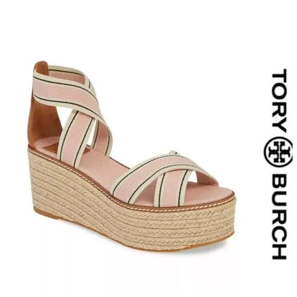 Tory Burch Frieda US SZ 9.5 Stripe Pink Platform Espadrille Wedge Sandals‎