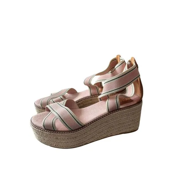 Tory Burch Frieda US SZ 9.5 Stripe Pink Platform Espadrille Wedge Sandals‎
