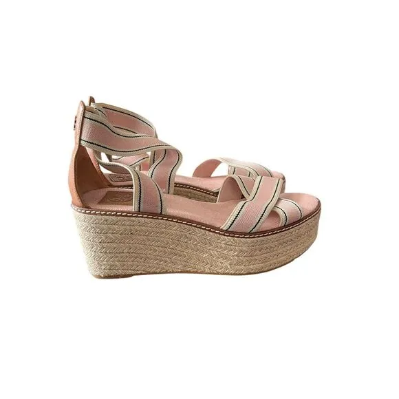 Tory Burch Frieda US SZ 9.5 Stripe Pink Platform Espadrille Wedge Sandals‎