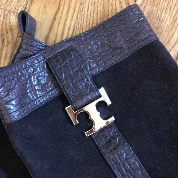 Tory Burch Gold LOGO Brown Suede &amp; Leather Boots