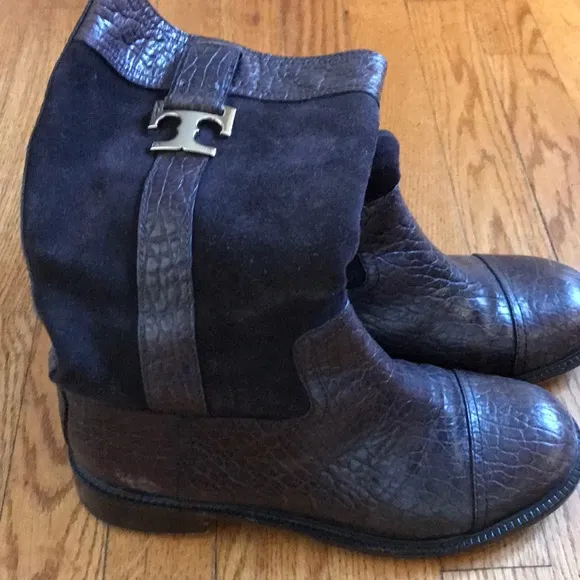 Tory Burch Gold LOGO Brown Suede &amp; Leather Boots