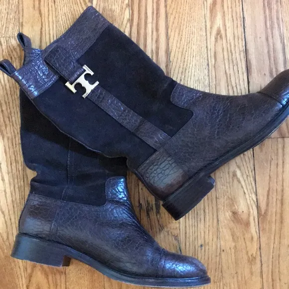 Tory Burch Gold LOGO Brown Suede &amp; Leather Boots