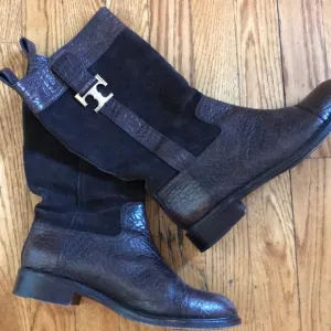 Tory Burch Gold LOGO Brown Suede &amp; Leather Boots