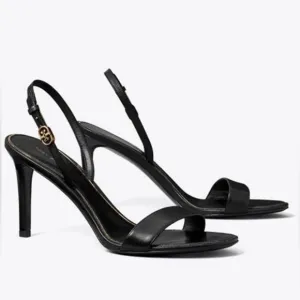Tory Burch Holly 2 Black Leather Silver Emblem Slingback Heels Sandals S…