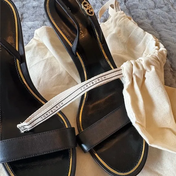 Tory Burch Holly 2 Black Leather Silver Emblem Slingback Heels Sandals S…