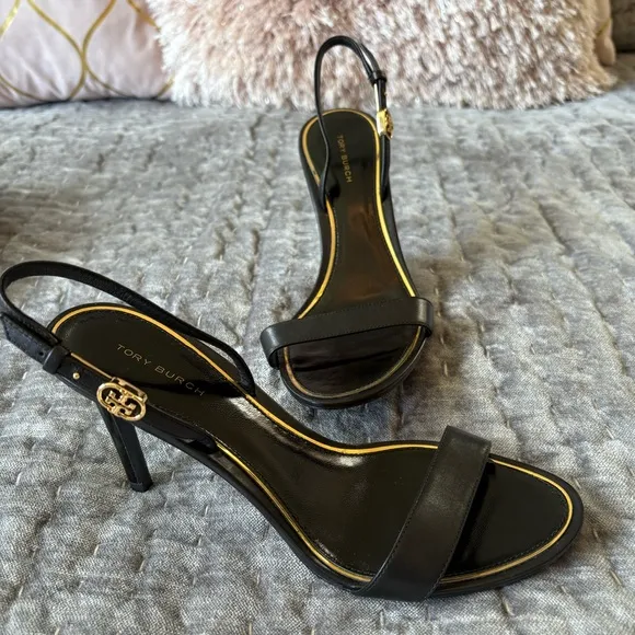 Tory Burch Holly 2 Black Leather Silver Emblem Slingback Heels Sandals S…