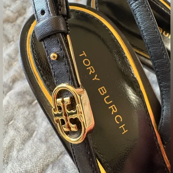 Tory Burch Holly 2 Black Leather Silver Emblem Slingback Heels Sandals S…