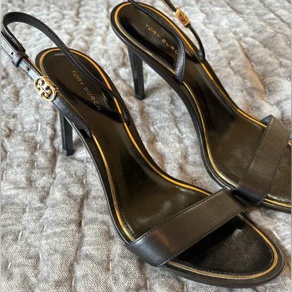 Tory Burch Holly 2 Black Leather Silver Emblem Slingback Heels Sandals S…