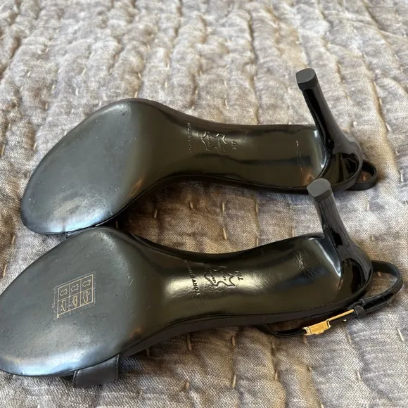 Tory Burch Holly 2 Black Leather Silver Emblem Slingback Heels Sandals S…