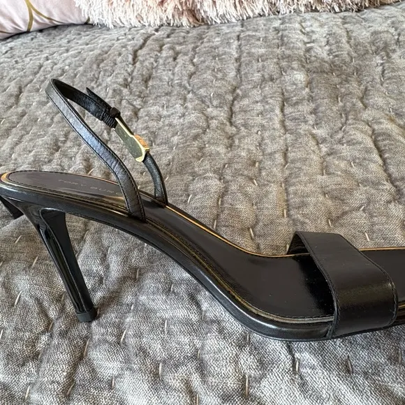Tory Burch Holly 2 Black Leather Silver Emblem Slingback Heels Sandals S…