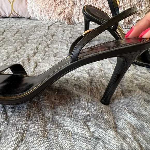 Tory Burch Holly 2 Black Leather Silver Emblem Slingback Heels Sandals S…