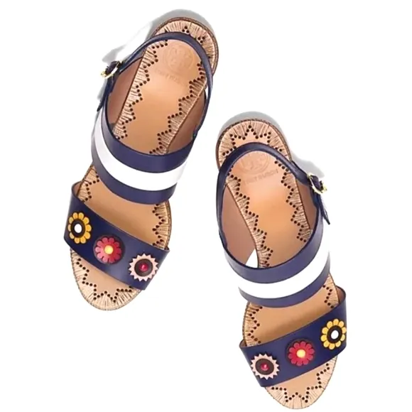 Tory Burch Marguerite double band heel sandals floral detail women's size 10.5