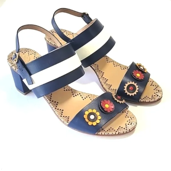 Tory Burch Marguerite double band heel sandals floral detail women's size 10.5