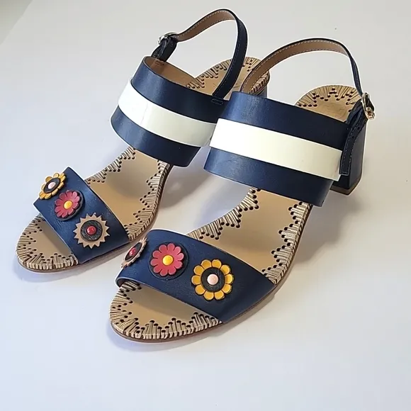 Tory Burch Marguerite double band heel sandals floral detail women's size 10.5