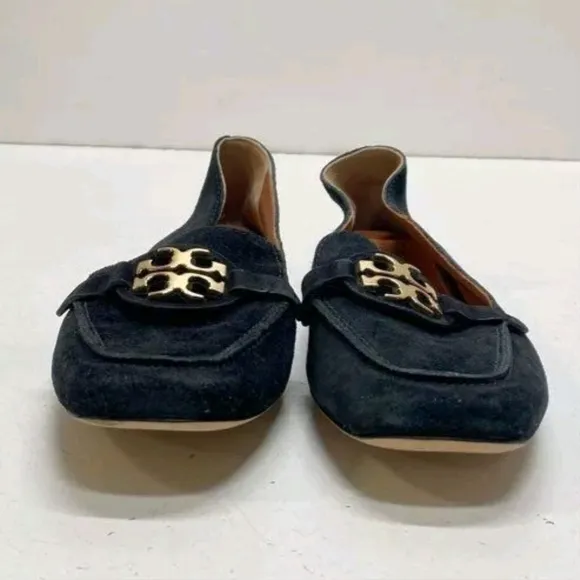 Tory Burch Metal Miller Black Suede Leather Penny Loafers Black 7.5