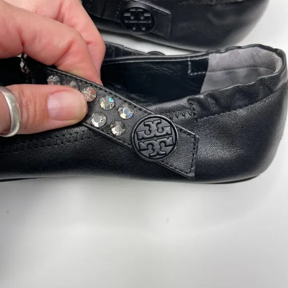 Tory Burch Minnie Embellished Black Nappa Leather Two Way Ballet Flats US Size 8