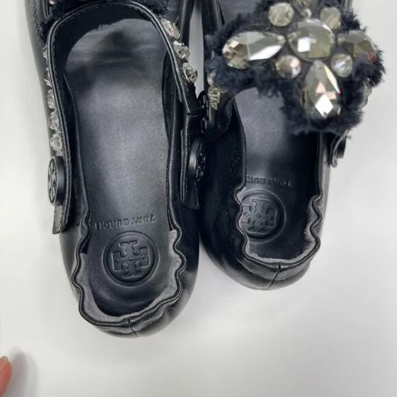 Tory Burch Minnie Embellished Black Nappa Leather Two Way Ballet Flats US Size 8
