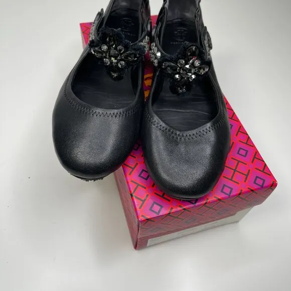 Tory Burch Minnie Embellished Black Nappa Leather Two Way Ballet Flats US Size 8