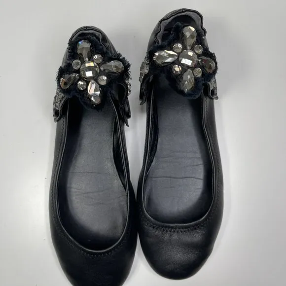 Tory Burch Minnie Embellished Black Nappa Leather Two Way Ballet Flats US Size 8