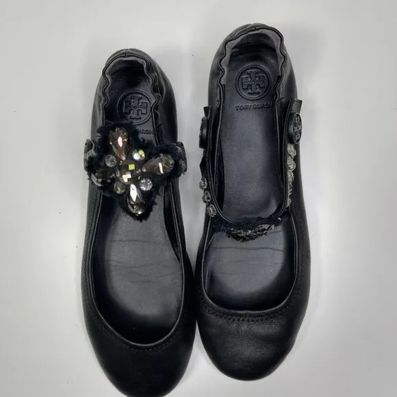 Tory Burch Minnie Embellished Black Nappa Leather Two Way Ballet Flats US Size 8