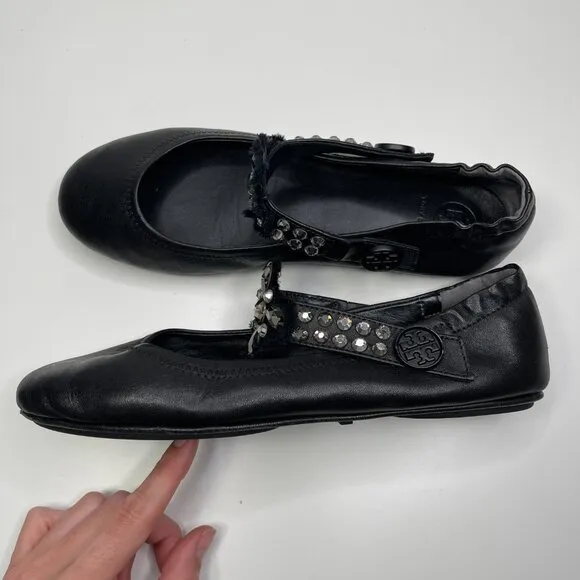 Tory Burch Minnie Embellished Black Nappa Leather Two Way Ballet Flats US Size 8