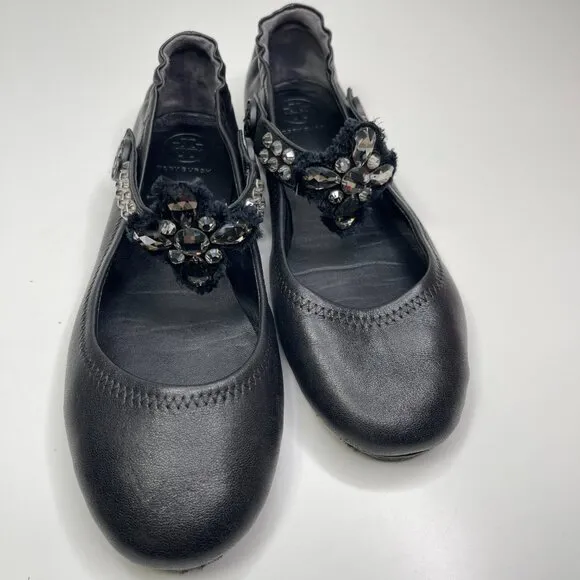 Tory Burch Minnie Embellished Black Nappa Leather Two Way Ballet Flats US Size 8