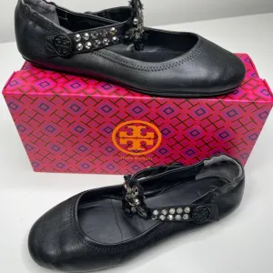 Tory Burch Minnie Embellished Black Nappa Leather Two Way Ballet Flats US Size 8