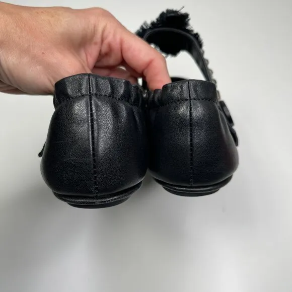 Tory Burch Minnie Embellished Black Nappa Leather Two Way Ballet Flats US Size 8