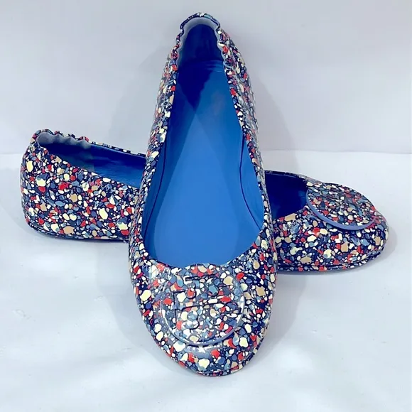 Tory Burch Minnie Travel Ballet Flats Festival leather 8 Blue foldable flex 6098