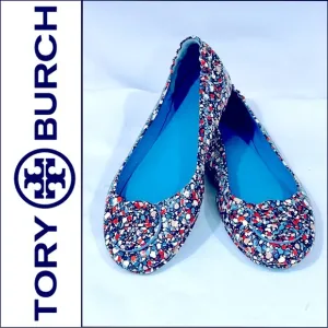 Tory Burch Minnie Travel Ballet Flats Festival leather 8 Blue foldable flex 6098