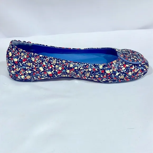 Tory Burch Minnie Travel Ballet Flats Festival leather 8 Blue foldable flex 6098