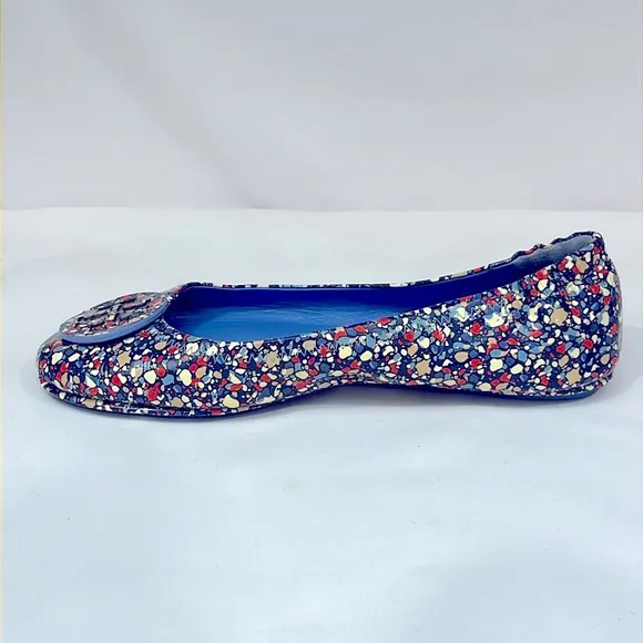 Tory Burch Minnie Travel Ballet Flats Festival leather 8 Blue foldable flex 6098