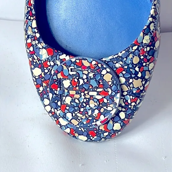 Tory Burch Minnie Travel Ballet Flats Festival leather 8 Blue foldable flex 6098
