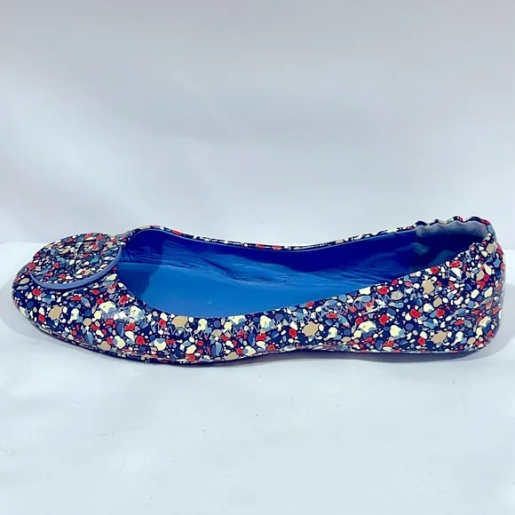 Tory Burch Minnie Travel Ballet Flats Festival leather 8 Blue foldable flex 6098