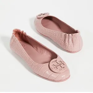 TORY BURCH Minnie Travel Flats - Croc Embossed - Rosa Pink - 9.5