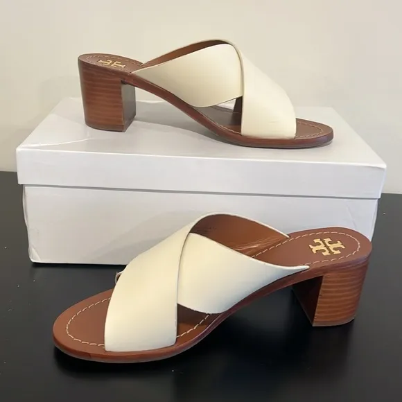 Tory Burch Montrose Mule Ivory Leather Block Heel Sandals Size 8