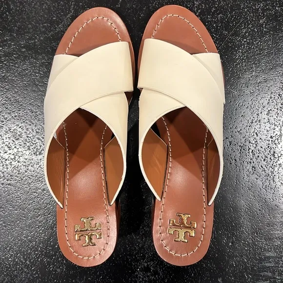 Tory Burch Montrose Mule Ivory Leather Block Heel Sandals Size 8