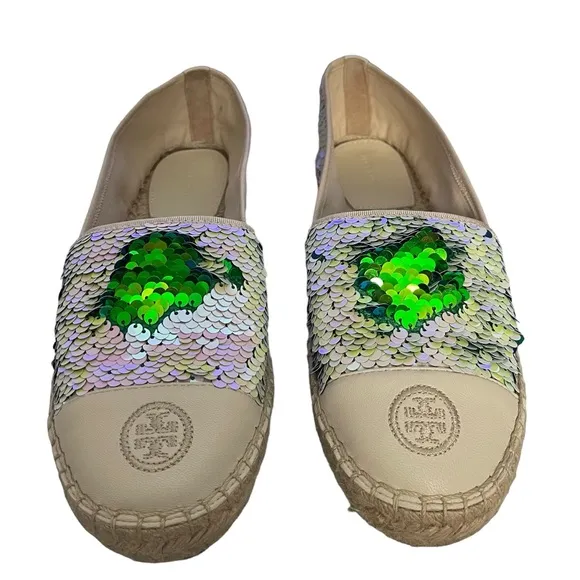 TORY BURCH OPAL/SEA GREEN MERMAID SEQUIN ESPADRILLES SIZE 9