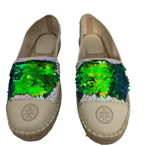 TORY BURCH OPAL/SEA GREEN MERMAID SEQUIN ESPADRILLES SIZE 9