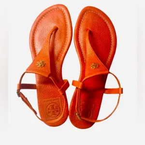 Tory Burch Orange Sandals Size 8.5, Gold Logo T-Strap, Excellent condition