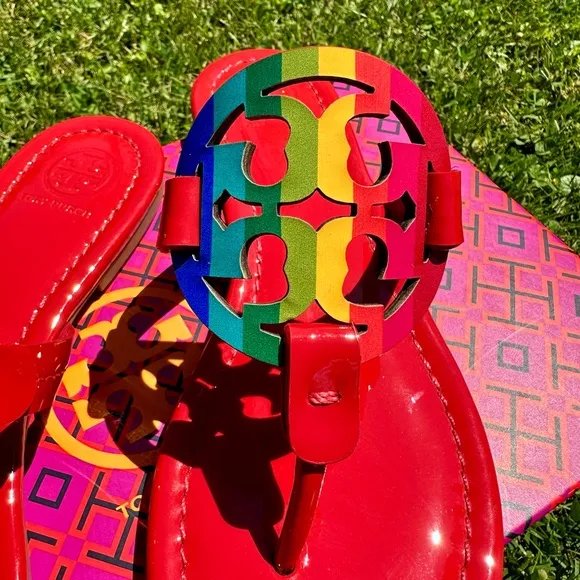 TORY BURCH Patent Rainbow Red Miller Sandals