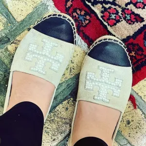 Tory Burch pearl espadrilles cap toe flats leather and suede espadrilles