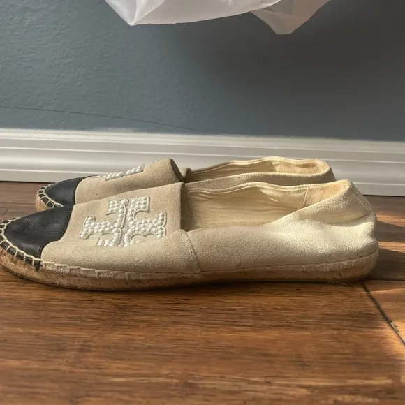 Tory Burch pearl espadrilles cap toe flats leather and suede espadrilles