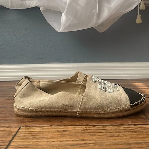 Tory Burch pearl espadrilles cap toe flats leather and suede espadrilles