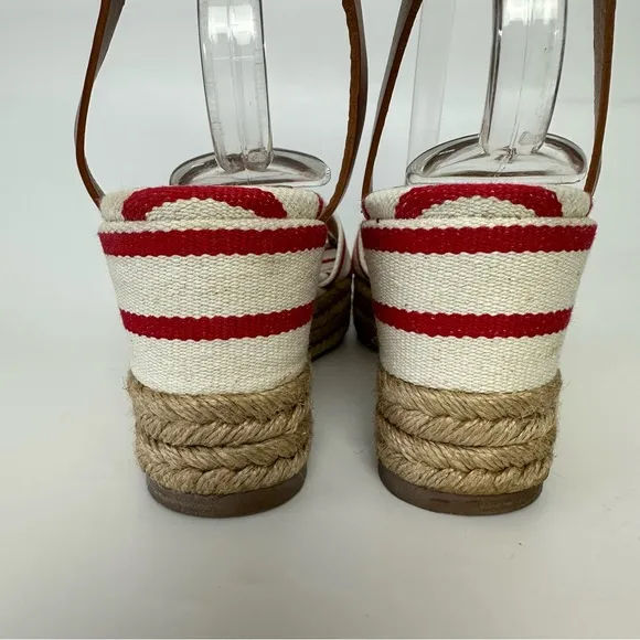 TORY BURCH Sandals Karissa Red White Stripe Espadrille Ankle Strap Wedge Boho