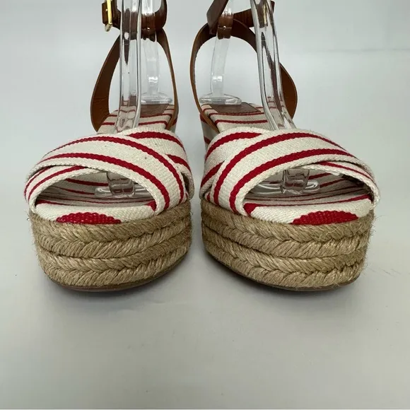 TORY BURCH Sandals Karissa Red White Stripe Espadrille Ankle Strap Wedge Boho