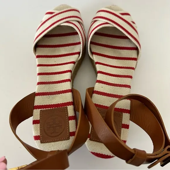 TORY BURCH Sandals Karissa Red White Stripe Espadrille Ankle Strap Wedge Boho